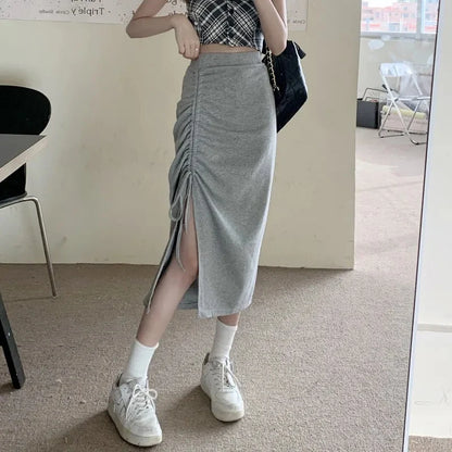 Solid Color Drawstring Side Split Streetwear Long Skirt