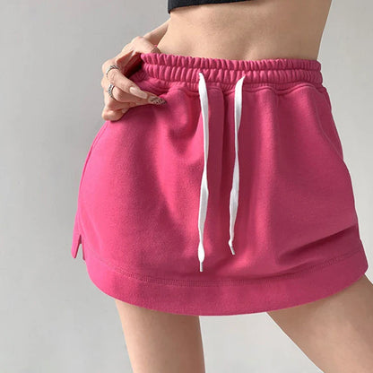 Sporty Solid Color Drawstring Casual Skirt