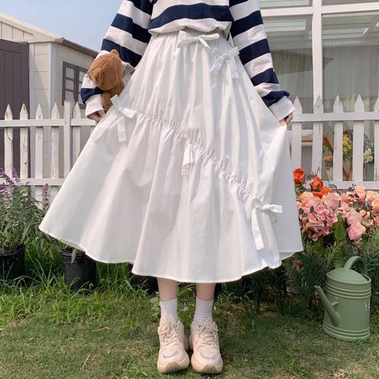 Summer Kawaii Bow High Waist A-Line Midi Skirt