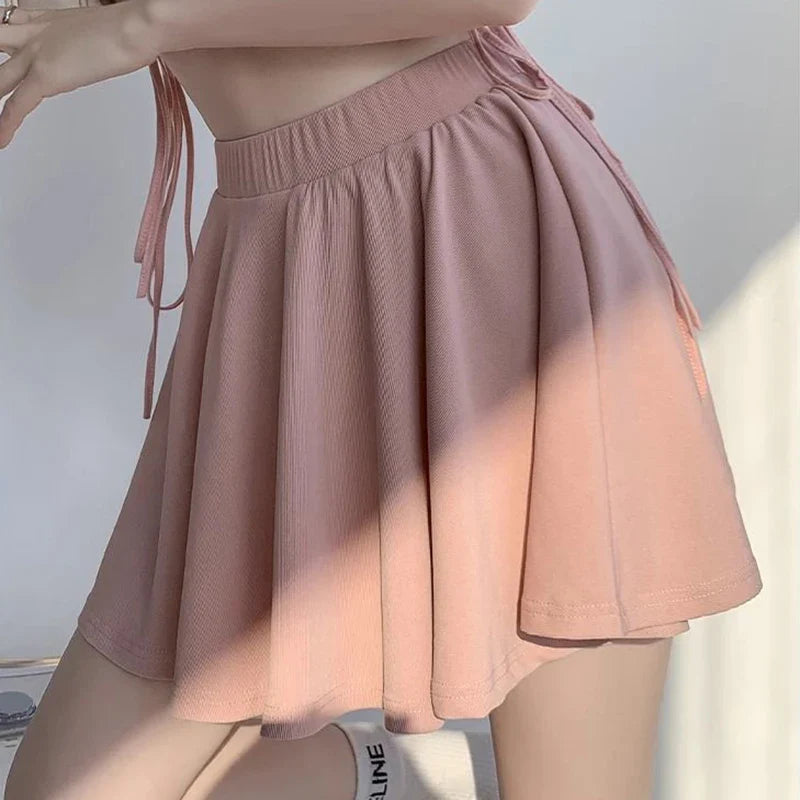 Summer Pink Pleated Ice Silk A-Line Skirt