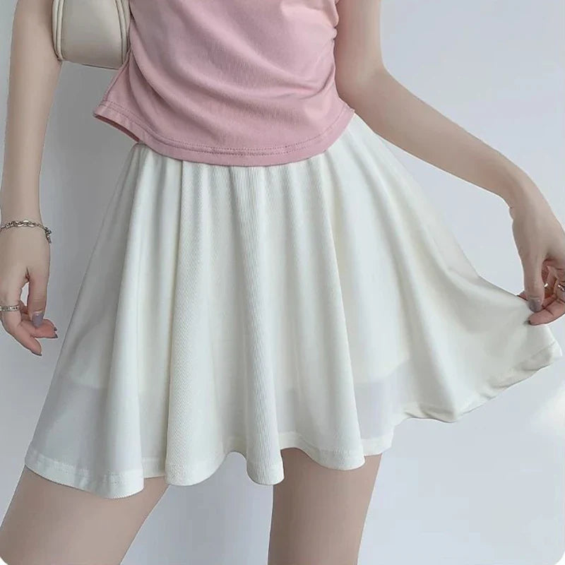 Summer Pink Pleated Ice Silk A-Line Skirt