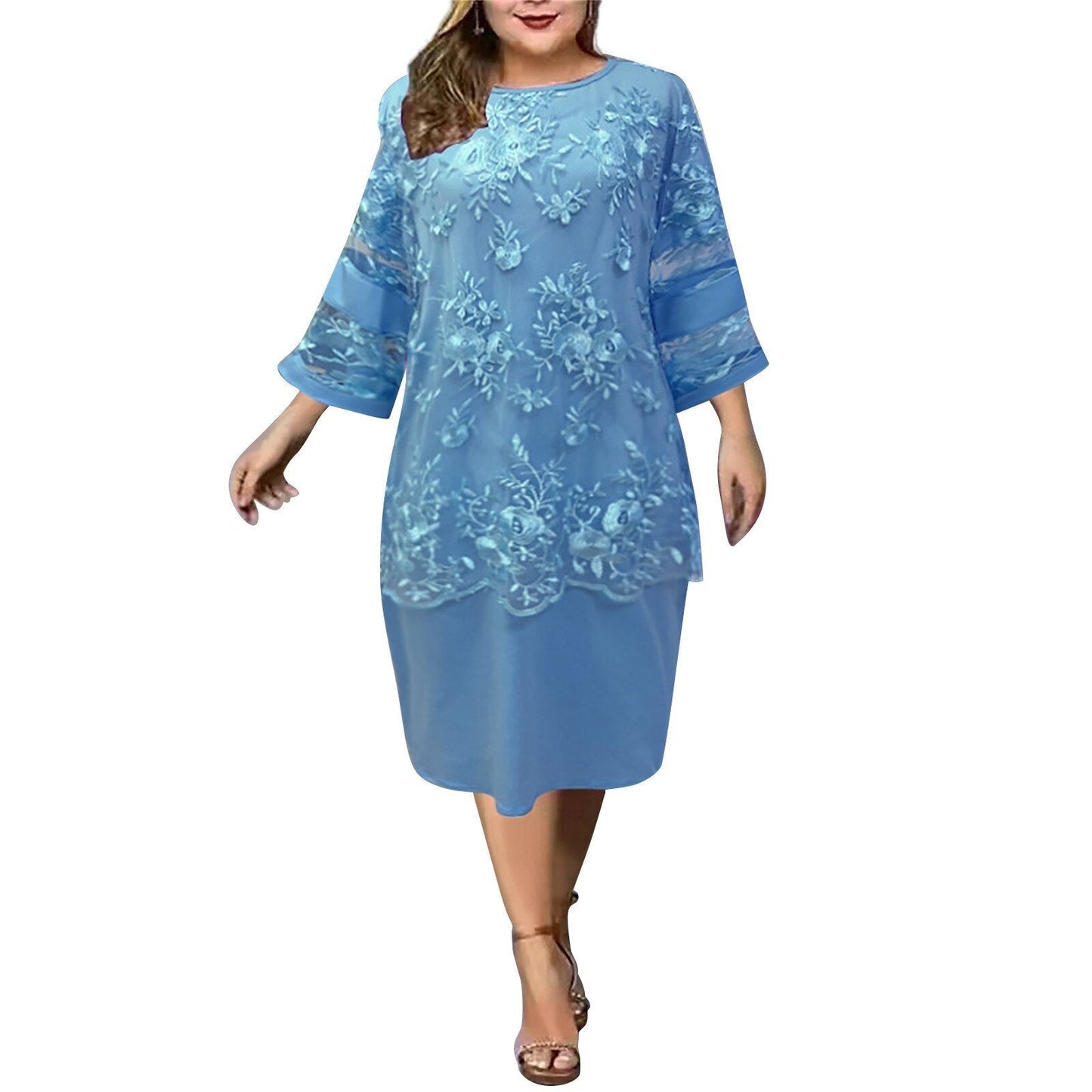 Plus Size Lace Mesh Elegant Midi Dress