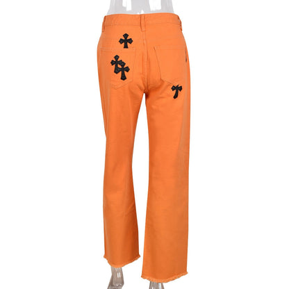 Sifreyr Cross Embroidery Orange Jeans Women Low Waist Straight Streetwear Casual Baggy Jeans