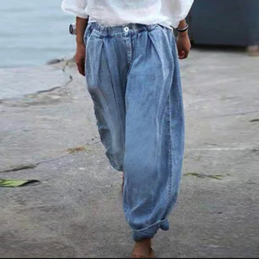 Women's Blue Mid Waist Transpants Loose Casual Denim Trousers
