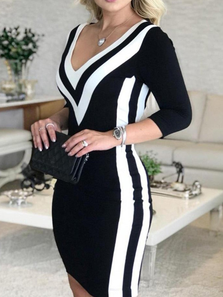 Contrast Color Striped Tape Bodycon Dress