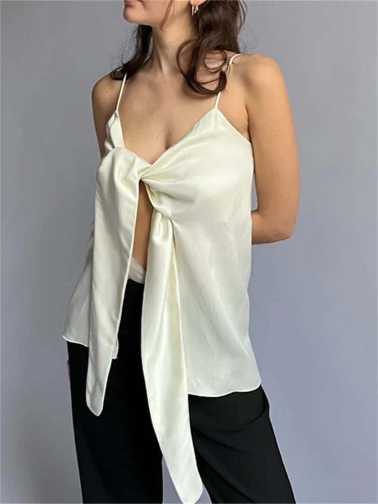 Female Summer Solid Strap Tie Up Irregular Vest 2024 Y2K Retro V-neck Party Off Shoulder Backless Cropped Crop Top