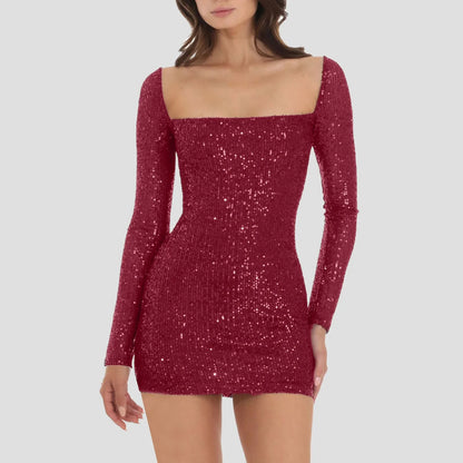 Sequin Bodycon Square Neck Long Sleeve Evening Slim Club Vestidos Dress