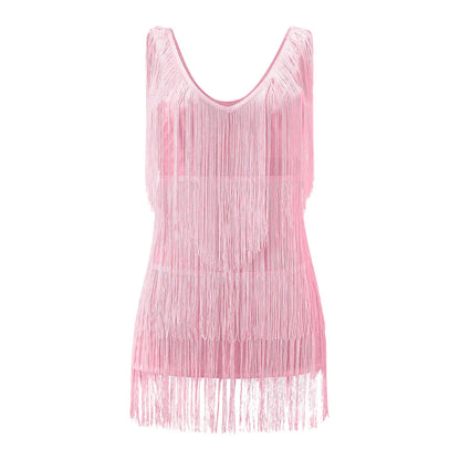 Sexy V-Neck Tassel Mini Elegant Sleeveless Sequin New Ladies Summer Night Club Cami Fringe Dress