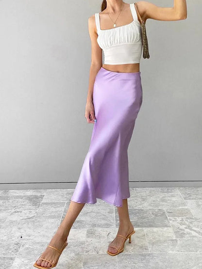 Elegant Solid Purple Silk High Waist Skirt