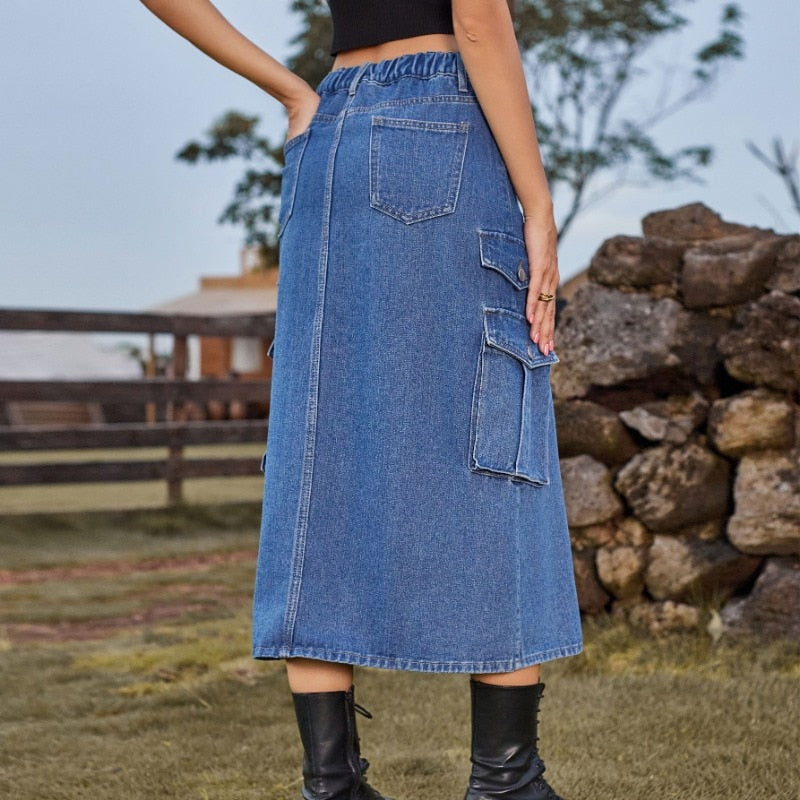 Trendy Elastic Waist Denim Half-Length Skirt
