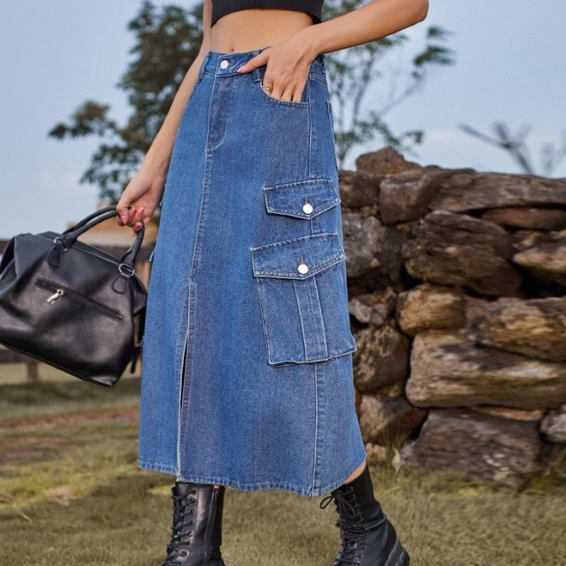 Trendy Elastic Waist Denim Half-Length Skirt