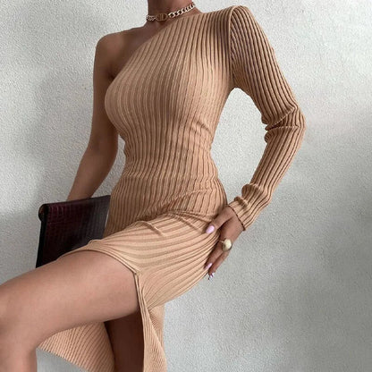 Sweater Solid Knitted Diagonal Split Elegant Sexy Midi Dresses