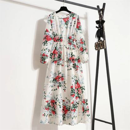 Spring Maxi Casual Full Floral Printed O-neck Woman Bohe Party Midi Dresses