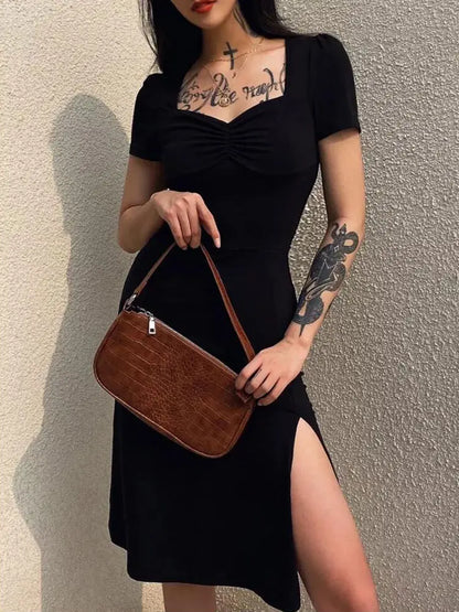 Elegant Ruched Black Short Casual Female Summer es New Midi Dresses