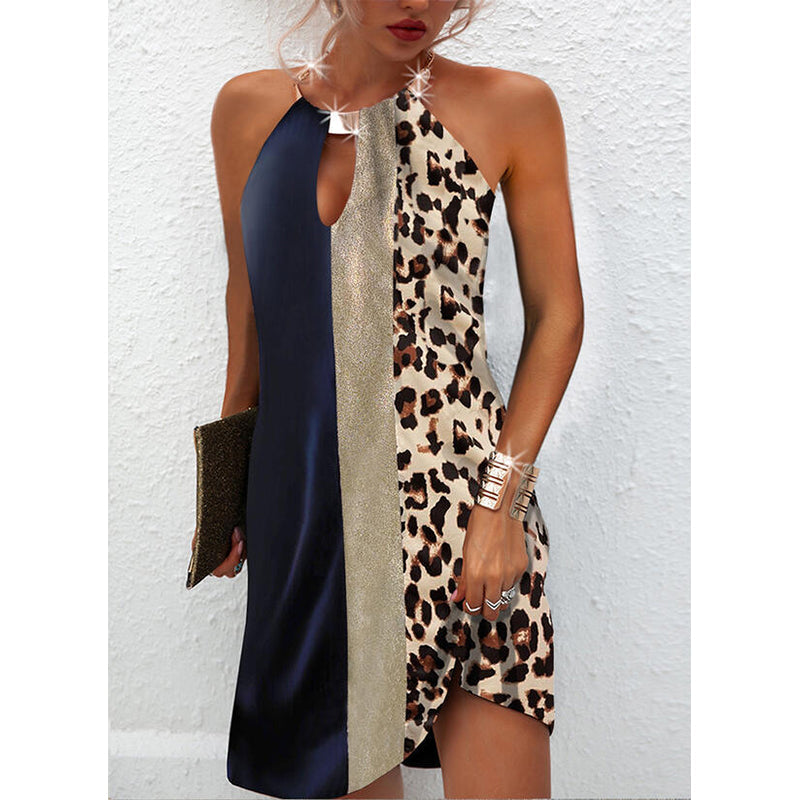 Sexy Leopard Print Sleeveless Backless Halter Patchwork Dress