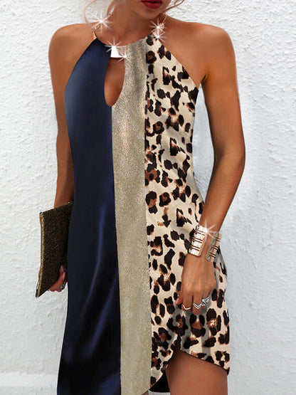 Sexy Leopard Print Sleeveless Backless Halter Patchwork Dress
