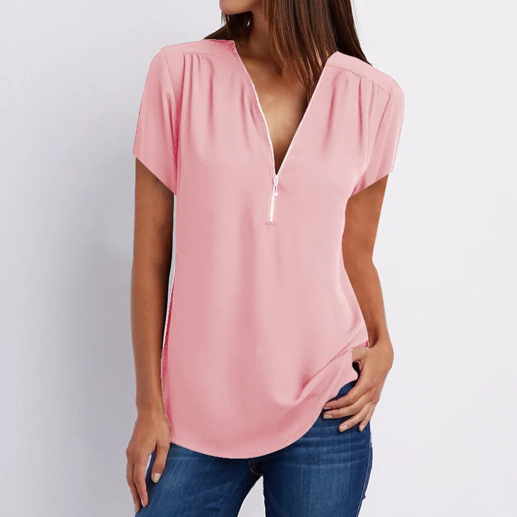 Zipper V Neck Summer Blouses