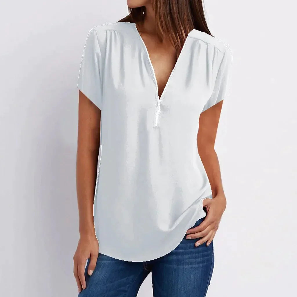 Zipper V Neck Summer Blouses