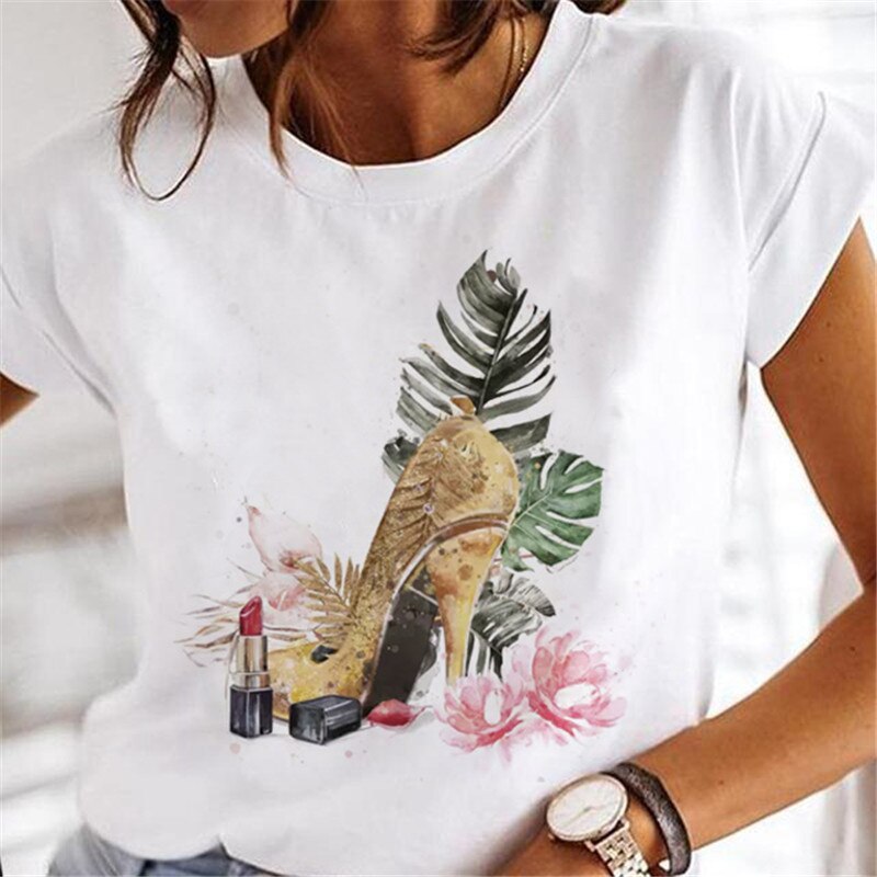 T-shirts Women Sweet Wine Print Girl 90s Cartoon Printing Clothes