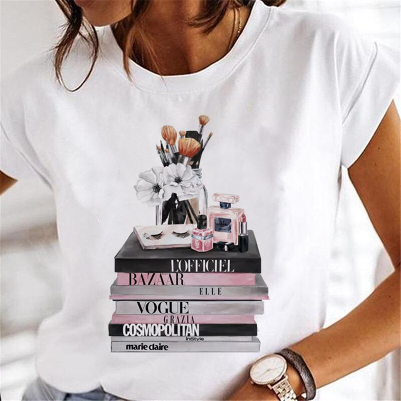 T-shirts Women Sweet Wine Print Girl 90s Cartoon Printing Clothes