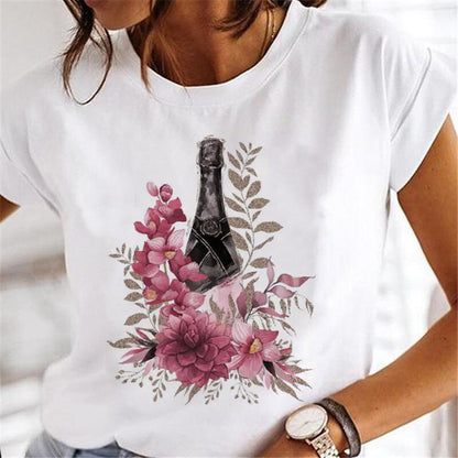 T-shirts Women Sweet Wine Print Girl 90s Cartoon Printing Clothes