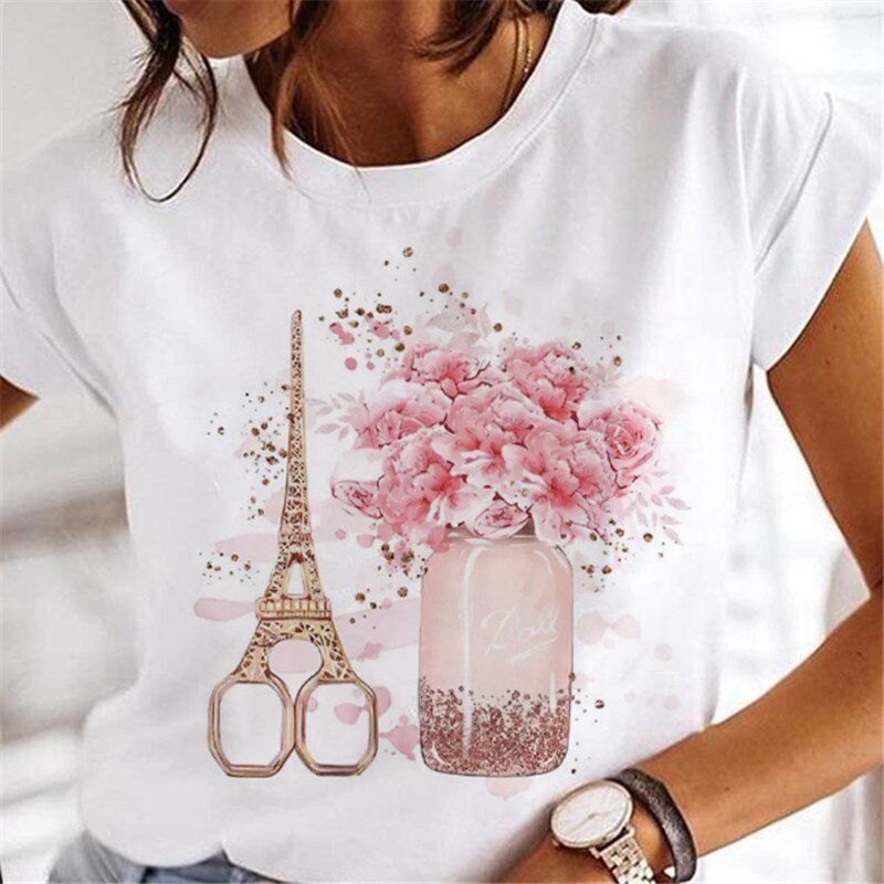 T-shirts Women Sweet Wine Print Girl 90s Cartoon Printing Clothes