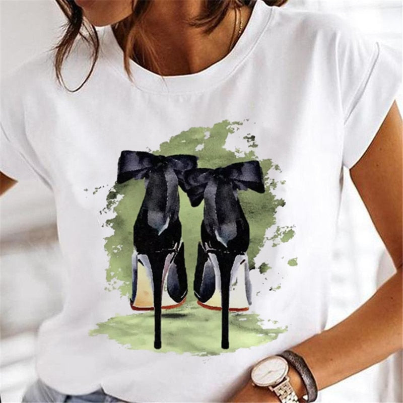 T-shirts Women Sweet Wine Print Girl 90s Cartoon Printing Clothes