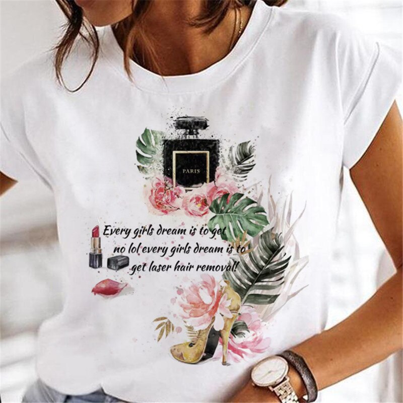 T-shirts Women Sweet Wine Print Girl 90s Cartoon Printing Clothes