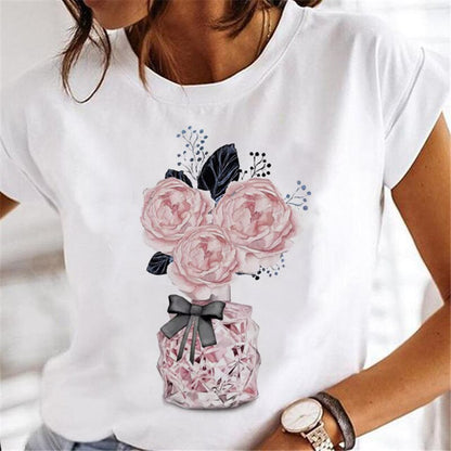 T-shirts Women Sweet Wine Print Girl 90s Cartoon Printing Clothes