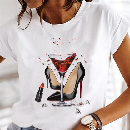 T-shirts Women Sweet Wine Print Girl 90s Cartoon Printing Clothes