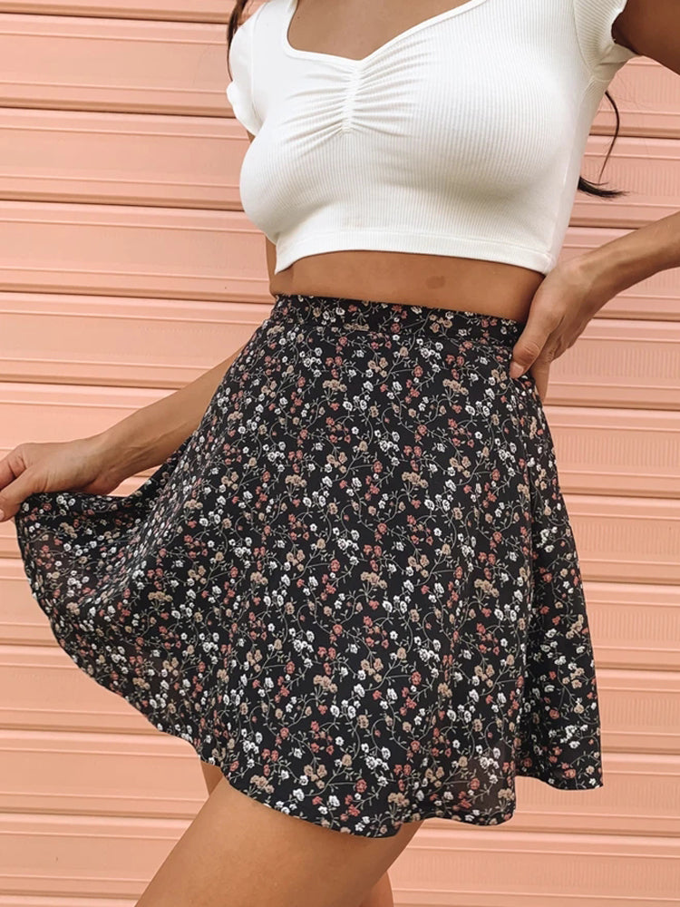 Boho Floral Print Party Skirt Summer New High Waist Pleated Skirt