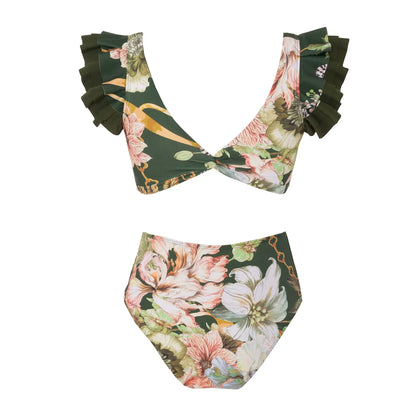 Printed Ruffle High Waist Bikini Basic Swimsuit