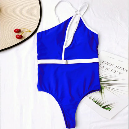 High Waist Monokini Solid Belt Bathing Suit Basic Swimsuit