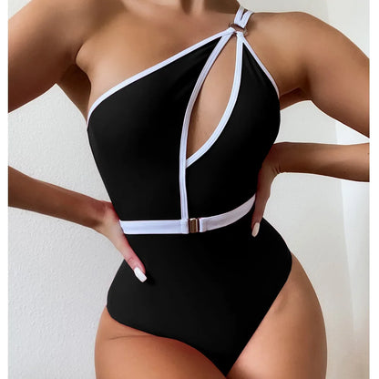 High Waist Monokini Solid Belt Bathing Suit Basic Swimsuit