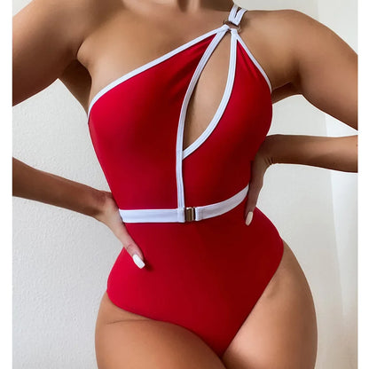 High Waist Monokini Solid Belt Bathing Suit Basic Swimsuit