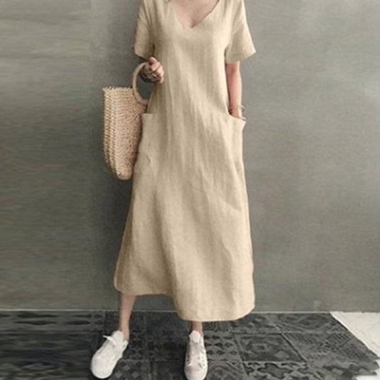Summer Casual Linen Pocket Maxi Dress