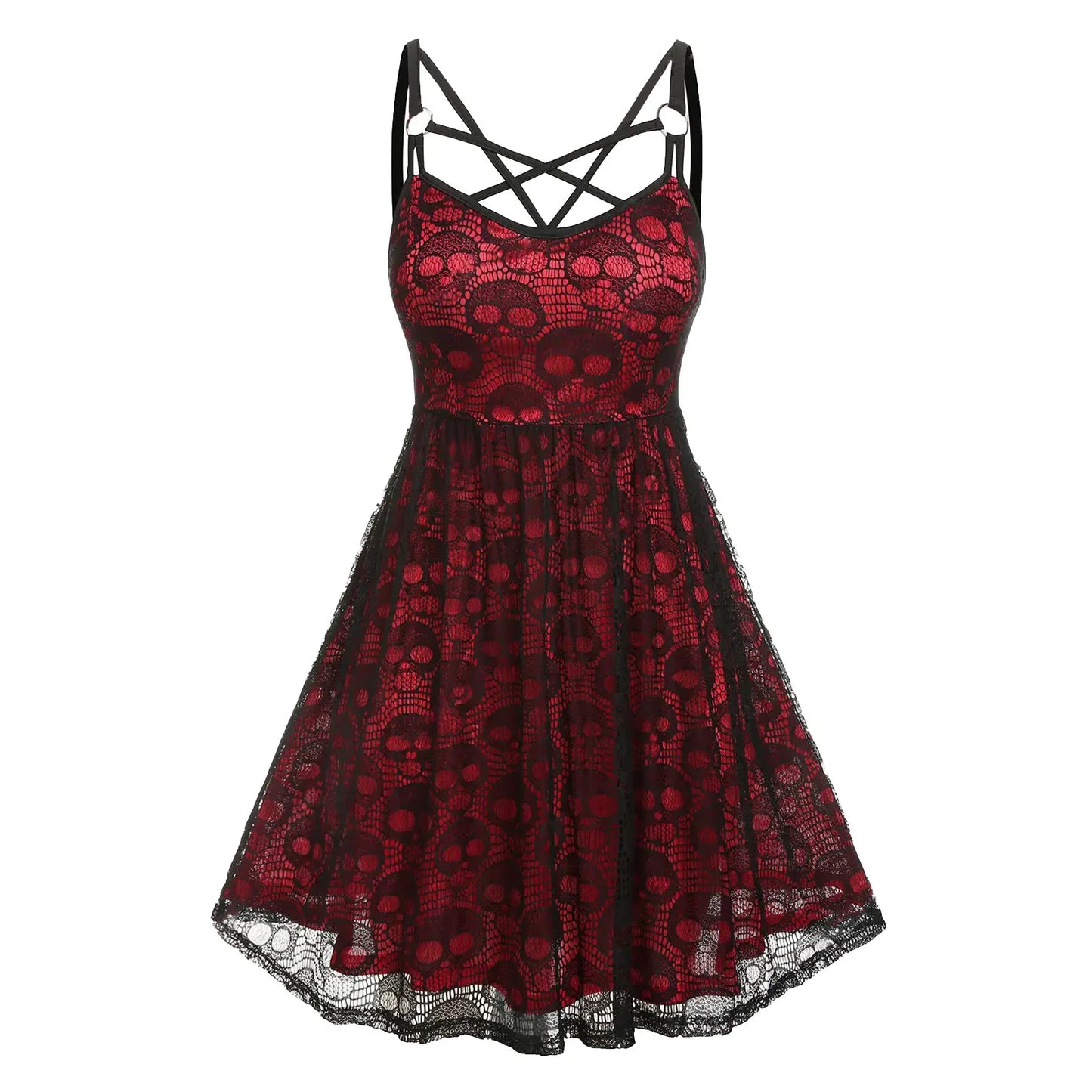 Vintage Halloween Skull Print Slip Cross Bandage Mesh Sexy Backless Prom Gothic Clubwear Dress