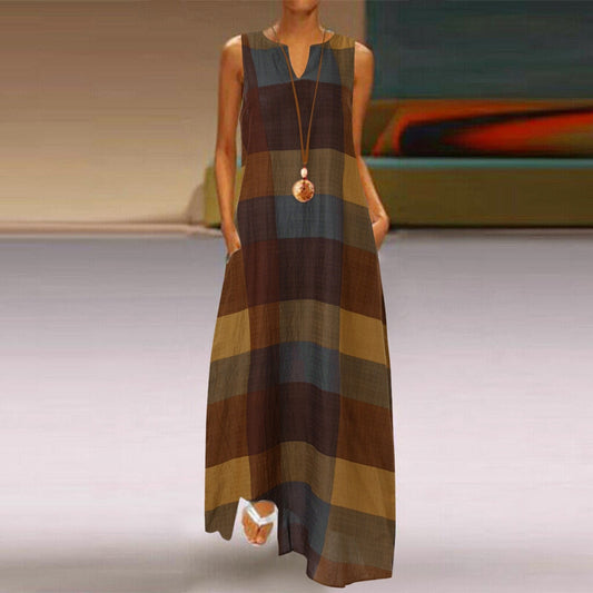 Elegant V-Neck Plaid Print Maxi Dress