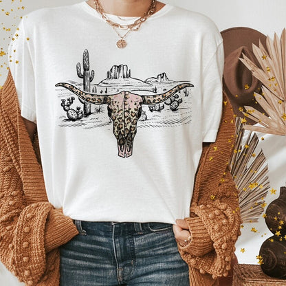 Western Shirts Boho Cow Skull Shirt with Leopard Print Short Sleeve