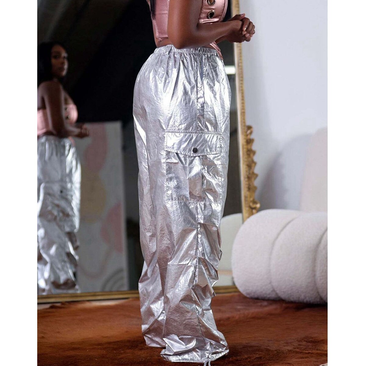 Silver Metallic High Waist Cargo Pants