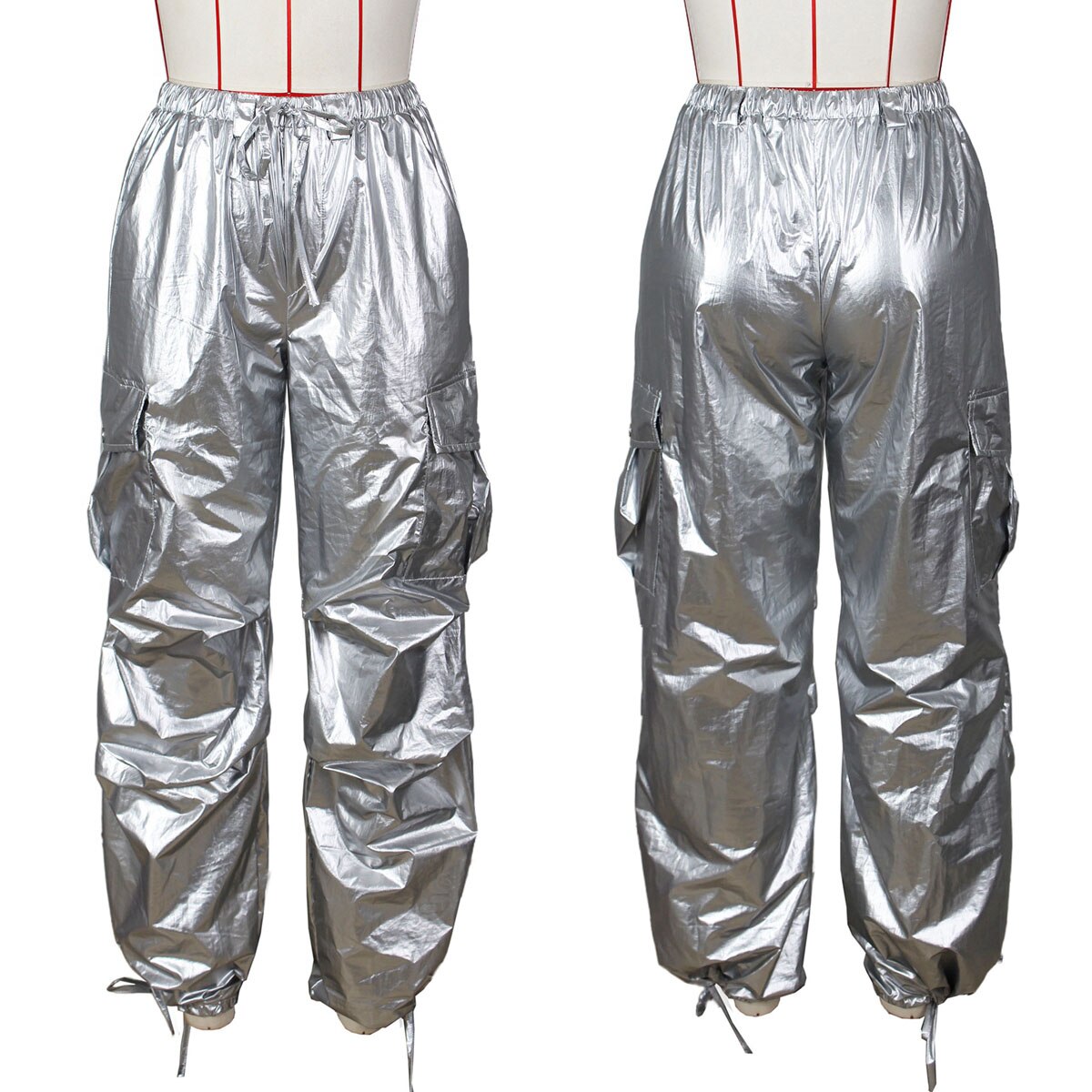 Silver Metallic High Waist Cargo Pants