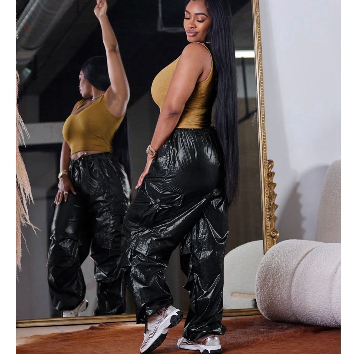 Silver Metallic High Waist Cargo Pants