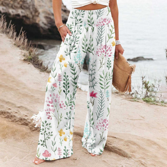 Floral Print Cotton Linen Wide Leg Pants