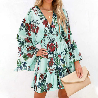 Flared Boho Floral Print Ruffles Long Sleeve Mini Casual Beach Sundress