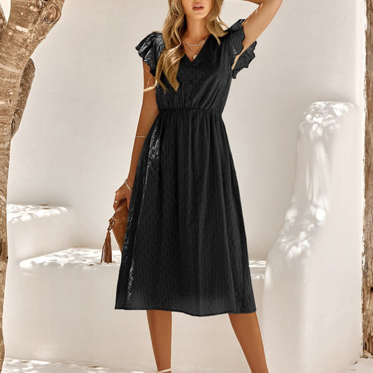 Elegant Ruffle Sleeve V-Neck Solid Color Midi Dress