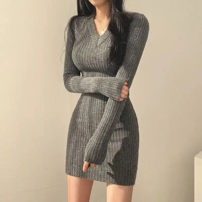 Women Knit Sexy V-Neck Long Solid Casual  Sweater Autumn Winter Midi Dresses