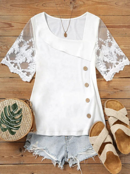 Elegant Lace Asymmetrical Neck Blouses