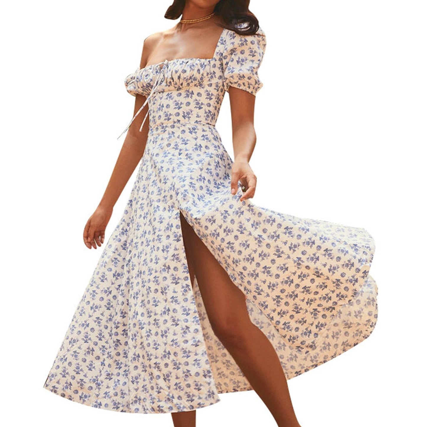 Elegant Floral Square Neck Midi Dress