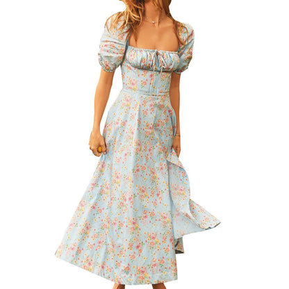 Elegant Floral Square Neck Midi Dress