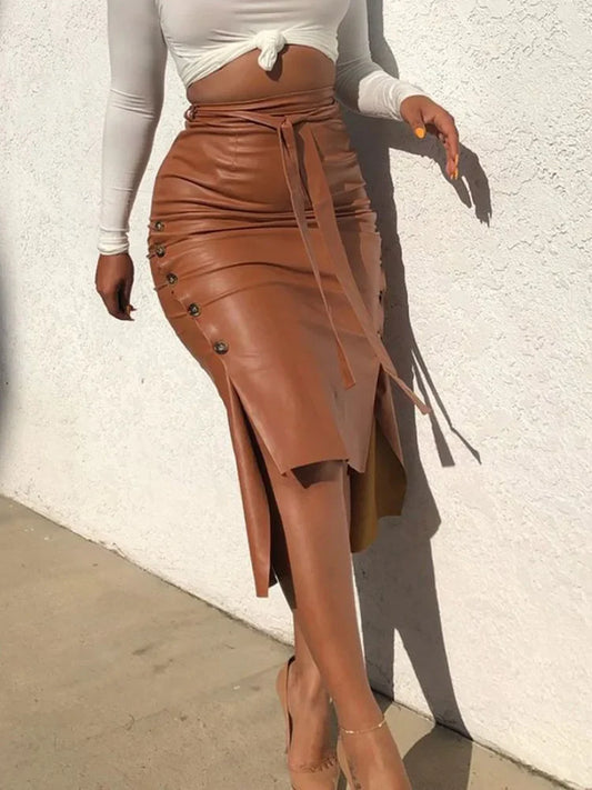 PU Leather Midi Skirt Solid Color High Waist Slim Pencil Skirt